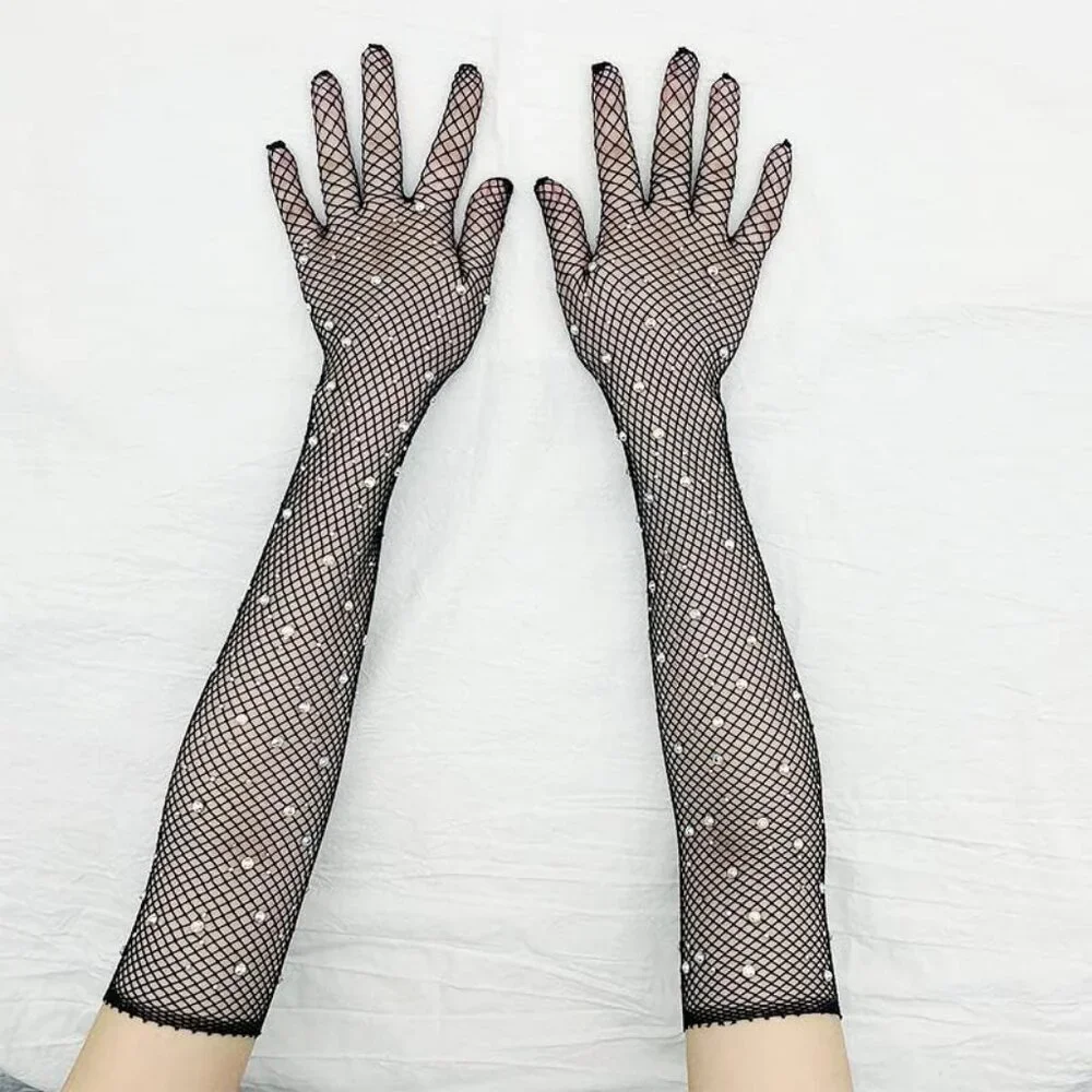 Women's A-Mesh-‌Black Rhinestone Sparkly Elbow Length Gloves Halloween Costumes